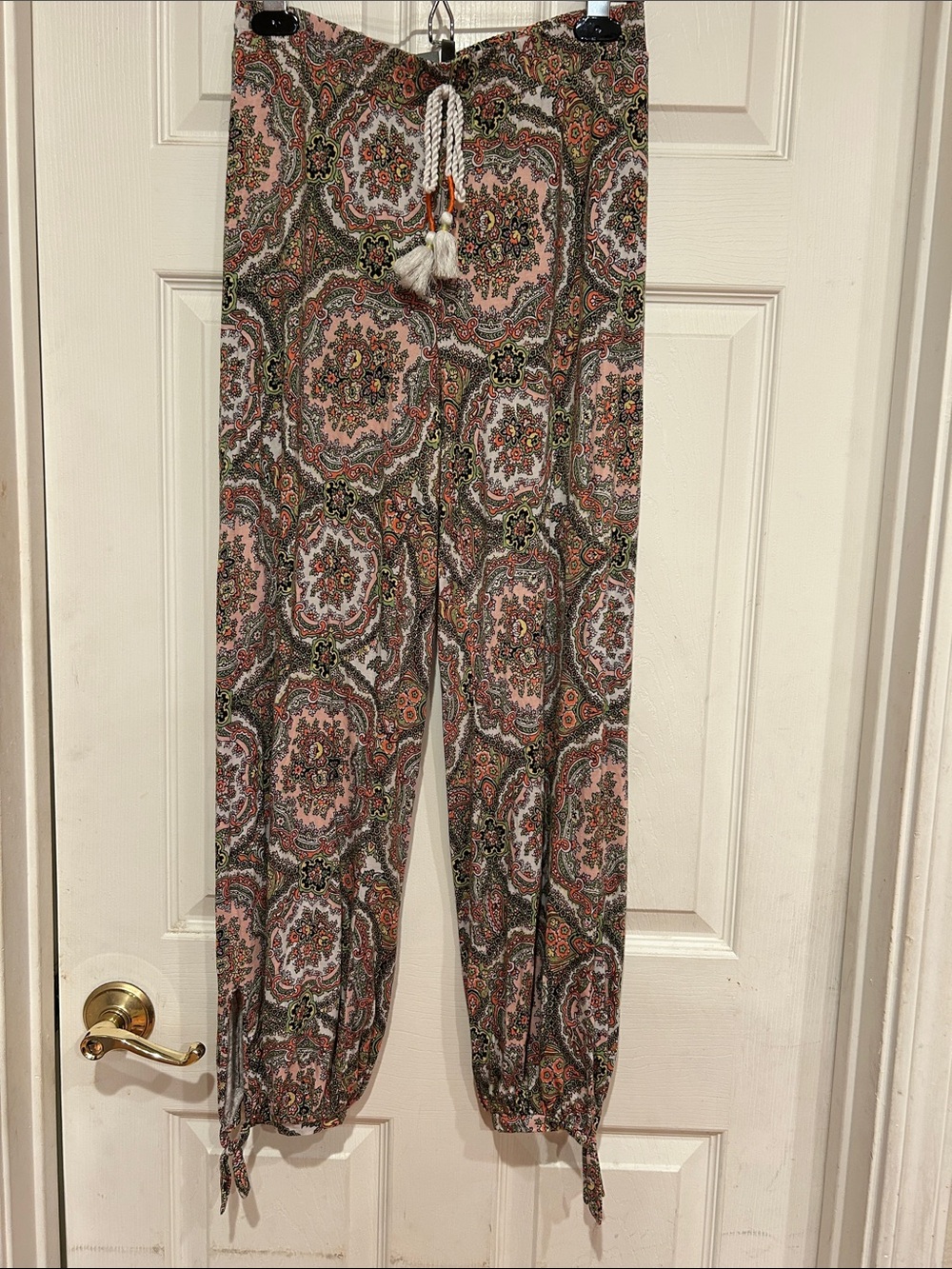 Anthropologie Pink and Green Paisley Drawstring Joggers